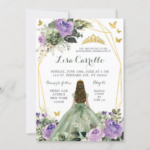 Sage Green Purple Lilac Princess Quinceañera Invitation