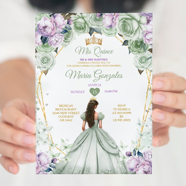 Sage Green Purple Mis Quince 15 Anos Crown Invitation (Creator Uploaded)