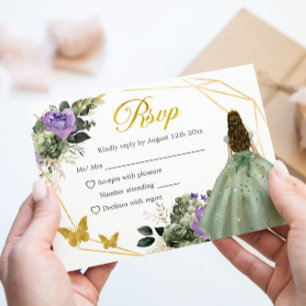 Sage Green Purple Princess Quinceañera RSVP Card