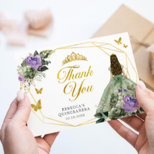 Sage Green Purple Princess Quinceañera Thank You Card