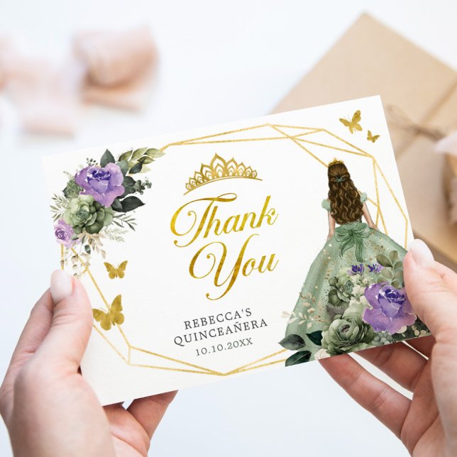 Sage Green Purple Princess Quinceañera Thank You Card (Creator Uploaded)