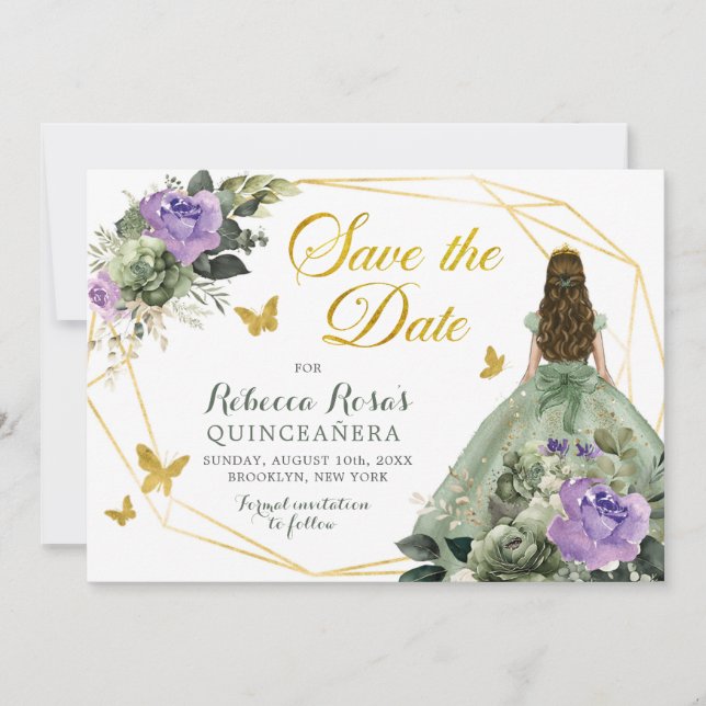 Sage Green Purple Quinceañera Save The Date Invitation (Front)