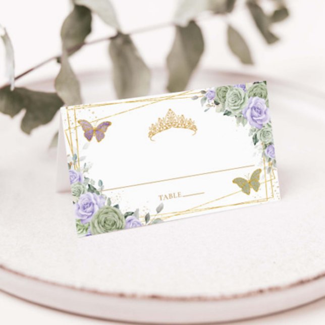 Sage Green Purple Rose Floral Quinceañera Birthday Place Card (purple lilac sage green floral butterflies gold quinceanera sweet 16 birthday tent table place cards)