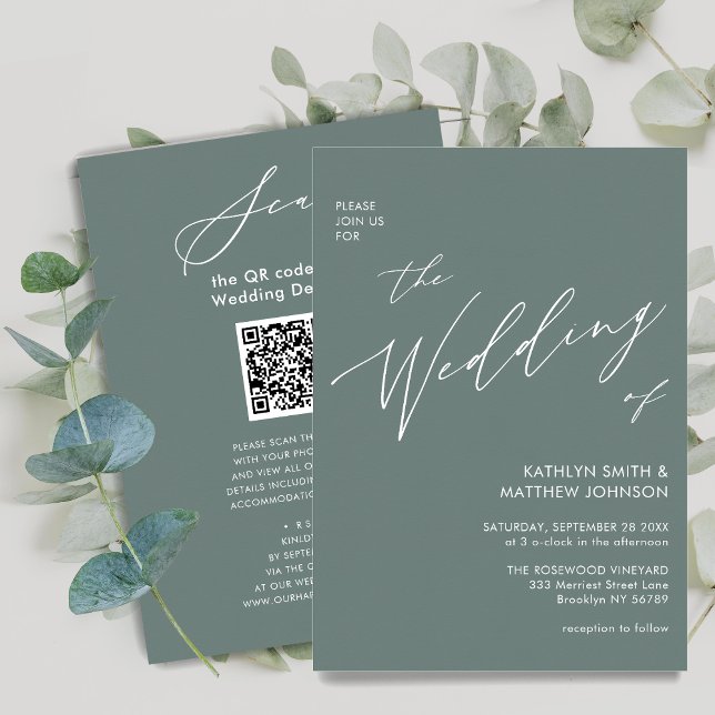 Sage Green QR Code All In One Modern Wedding Invitation (Creator Uploaded)