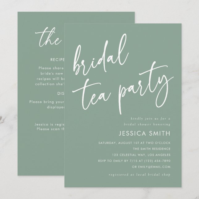 Sage Green QR Code Bridal Shower Tea Party Invitation (Front/Back)