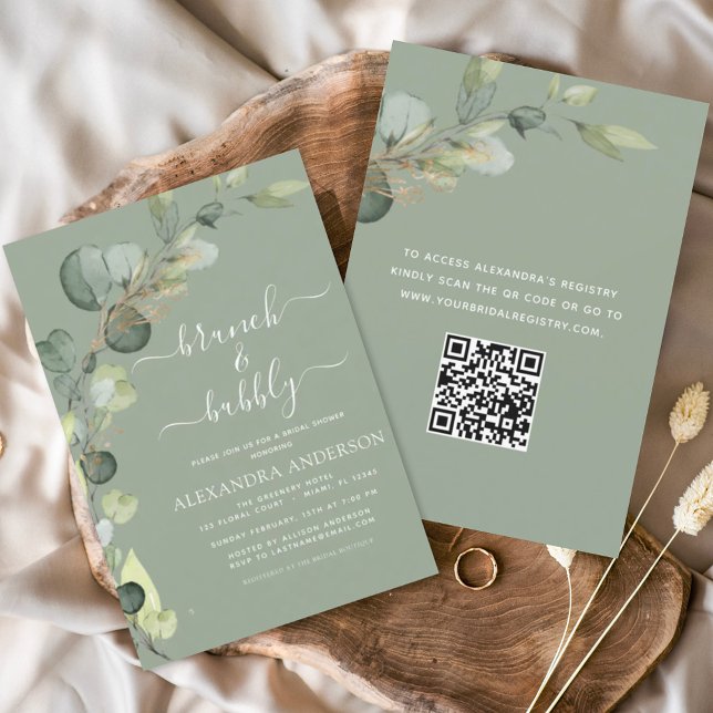 Sage Green QR Code Brunch & Bubbly Eucalyptus Invitation (Creator Uploaded)
