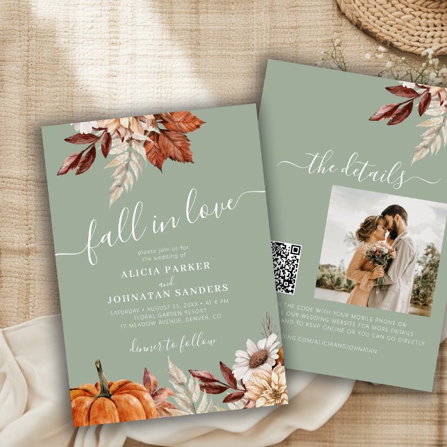 Sage green QR code Fall in Love botanical wedding Invitation (Creator Uploaded)