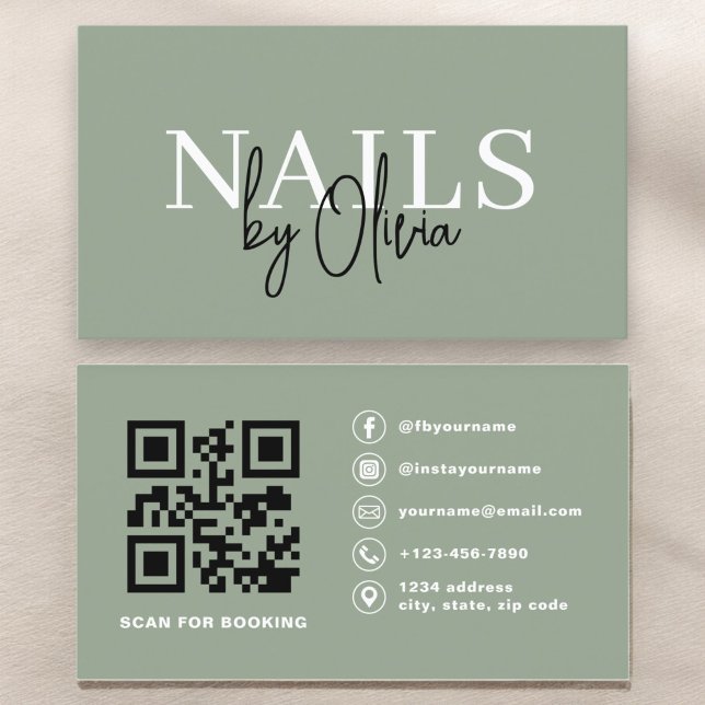 Sage Green QR Code Nail Specialist Artist  Business Card (Creator Uploaded)