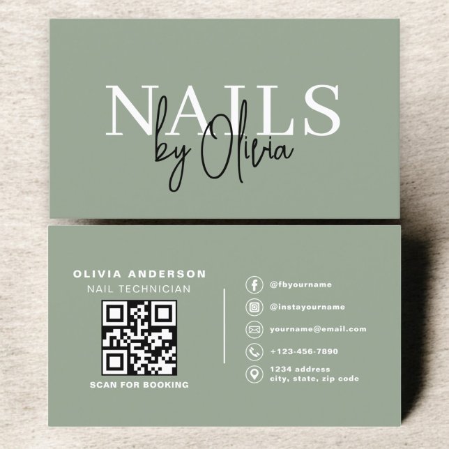 Sage Green QR Code Nail Specialist Artist  Business Card (Creator Uploaded)