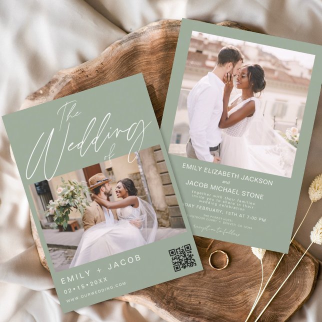 Sage Green QR Code Photo Wedding Invitation (Creator Uploaded)