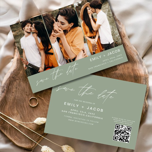 Sage Green QR Code Save the Date 3 Photo Elegant  (Creator Uploaded)