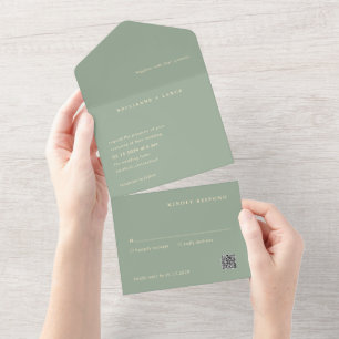 Sage Green QR Code Simple Modern Wedding All In One Invitation