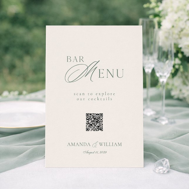 Sage Green QR Code Wedding Bar Menu Sign Invitation (Creator Uploaded)