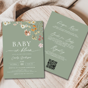 Sage Green QR Code Wildflower Baby in Bloom   Invitation