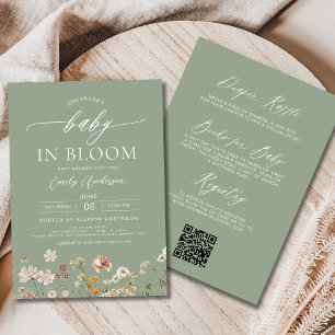 Sage Green QR Code Wildflower Baby in Bloom   Invitation