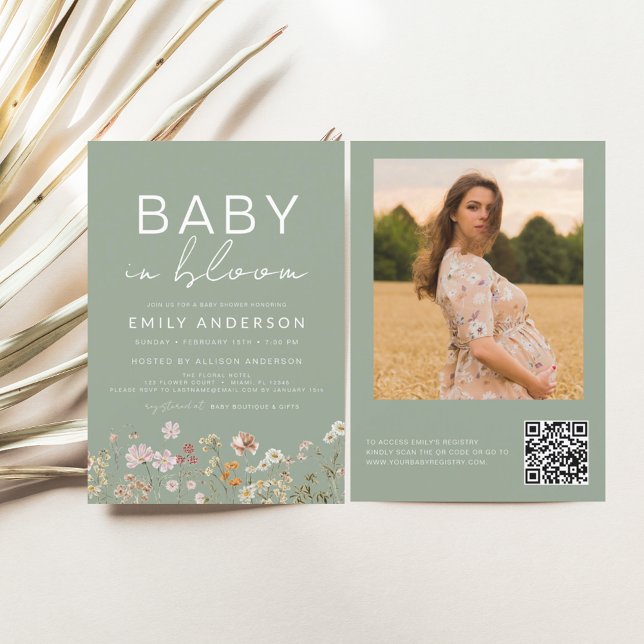 Sage Green QR Code Wildflower Baby in Bloom Shower Invitation (Creator Uploaded)