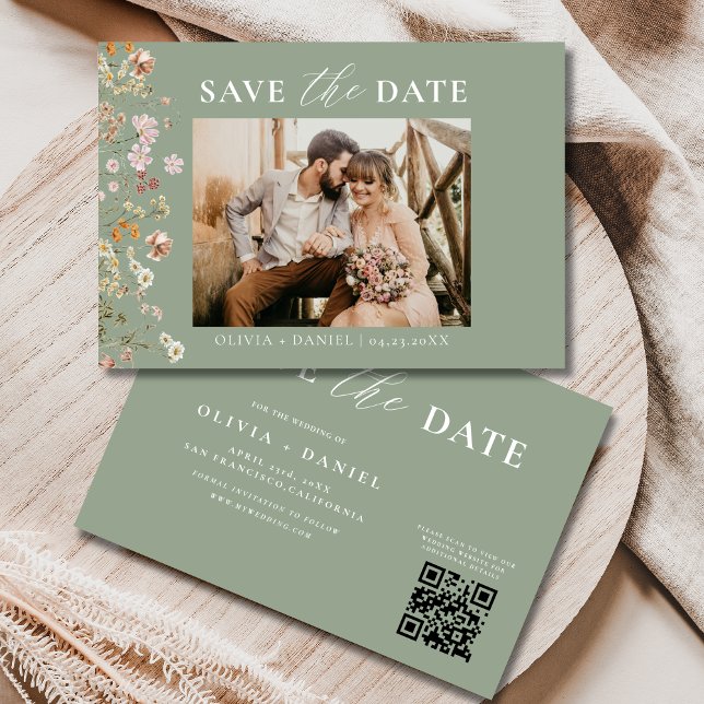Sage Green QR Code Wildflower Wedding Save The Date (Creator Uploaded)