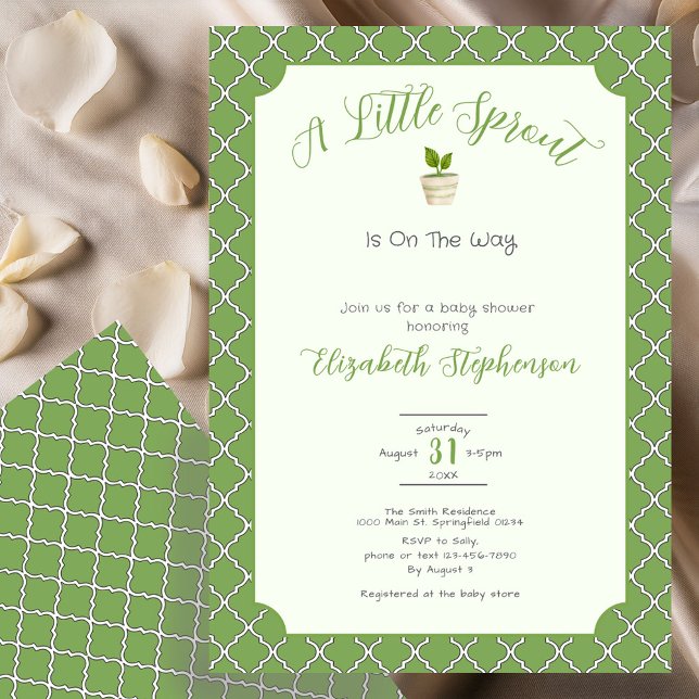 Sage Green Quatrefoil Little Sprout Baby Shower Invitation (Creator Uploaded)