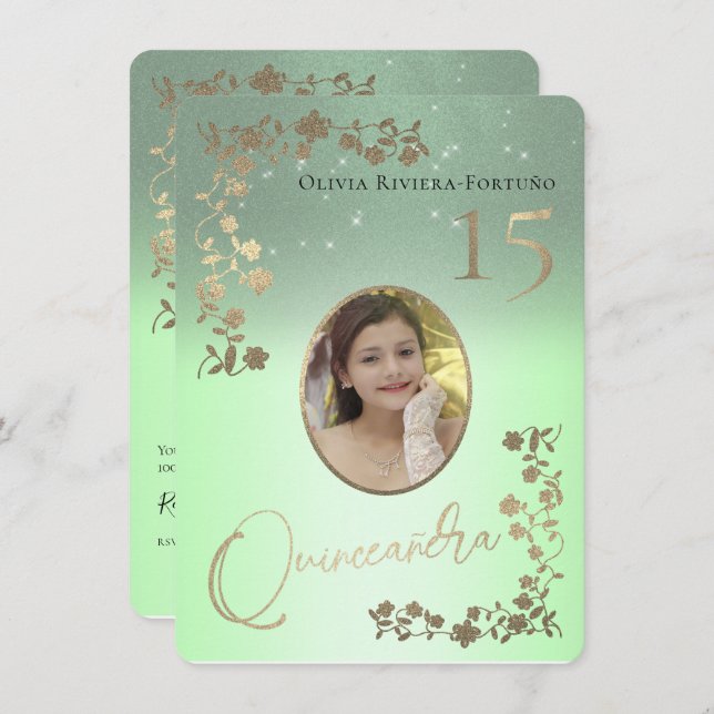 Sage Green Quince Gold Glitter Photo Quinceanera Invitation (Front/Back)