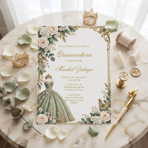 Sage Green Quinceañera, Botanical floral Invitation
