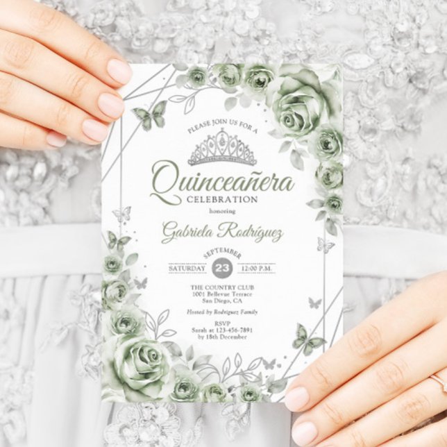 Sage Green Quinceanera Floral Invitation (Creator Uploaded)