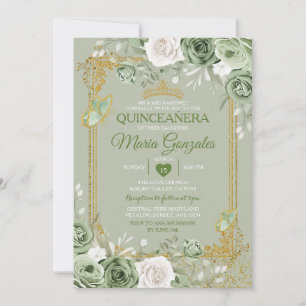 Sage Green Quinceañera Gold Crown Butterfly Invitation