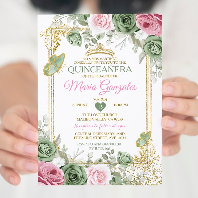 Sage Green Quinceañera Pink Gold Crown Butterfly Invitation (Creator Uploaded)