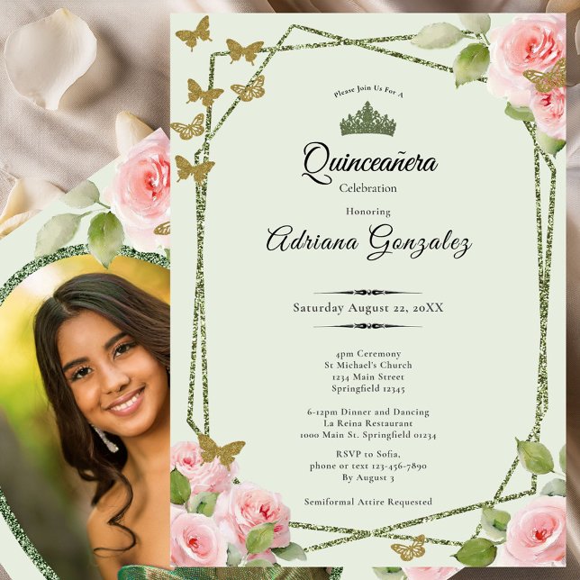 Sage Green Quinceanera Pink Roses Gold Butterflies Invitation (Creator Uploaded)