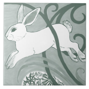 Sage Green Rabbit Art Deco Bunny Pattern Unique Ceramic Tile