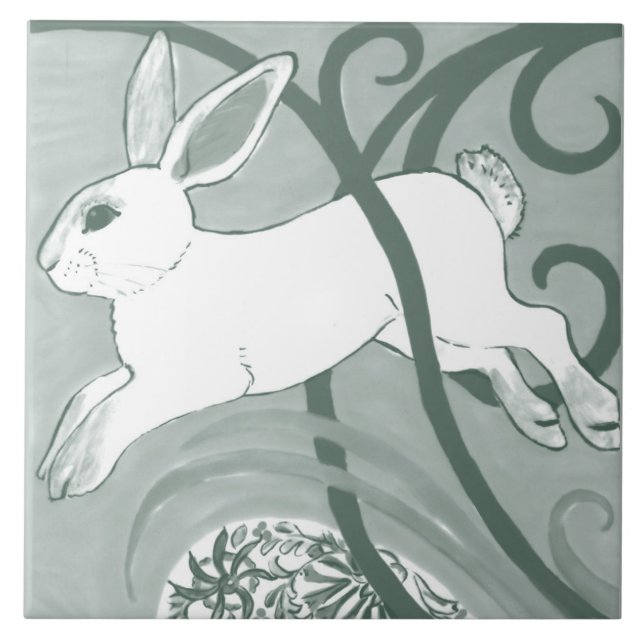 Sage Green Rabbit Art Deco Bunny Pattern Unique Ceramic Tile (Front)