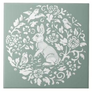 Sage Green Rabbit Bunny Circular Pattern Unique Ceramic Tile