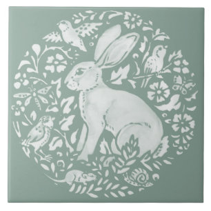 Sage Green Rabbit Hare Forest Creatures Circle  Ceramic Tile