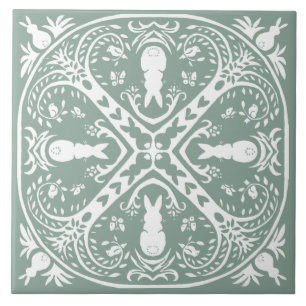 Sage Green Rabbit Intricate Bunny Pattern Unique Ceramic Tile