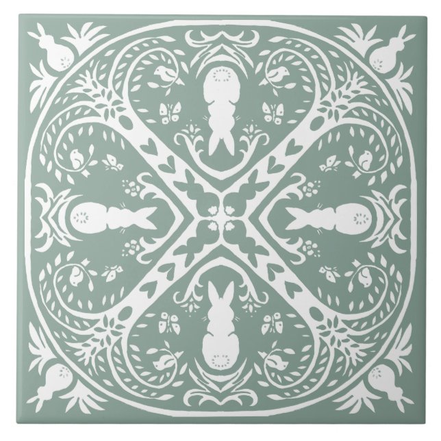 Sage Green Rabbit Intricate Bunny Pattern Unique Ceramic Tile (Front)