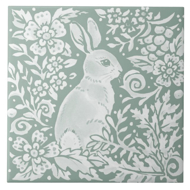 Sage Green Rabbit Woodland Scene Floral Fern Ceramic Tile (Front)