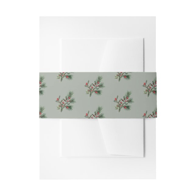 Sage Green Red Berries Christmas Holiday Invitation Belly Band (Front Example)