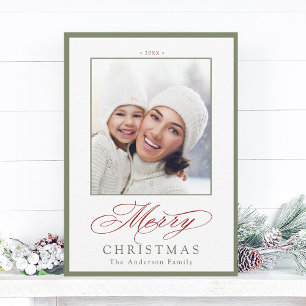 Sage Green & Red Chic Merry Christmas Photo Holiday Card