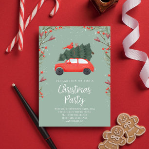 Sage Green & Red Christmas Tree & Cute Car  Invitation