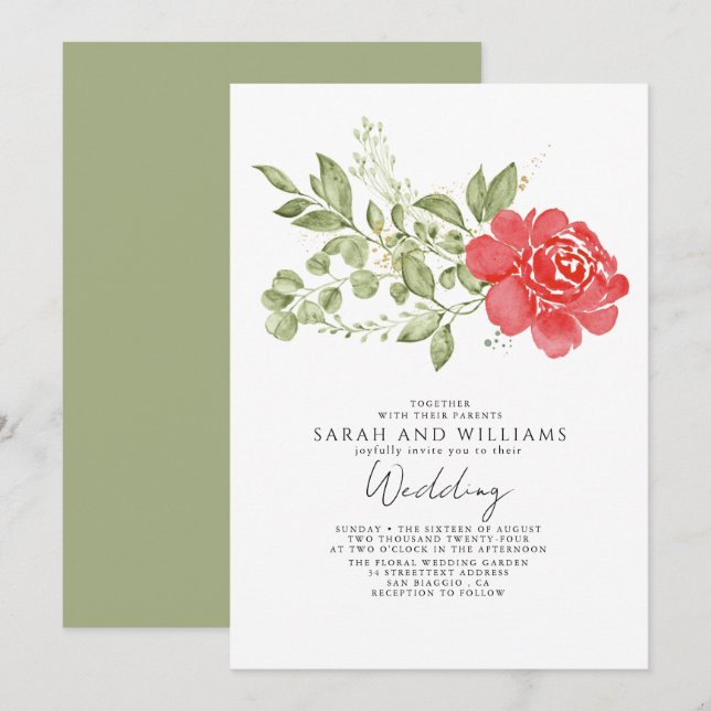 Sage Green Red Floral Boho Wedding  Invitation (Front/Back)