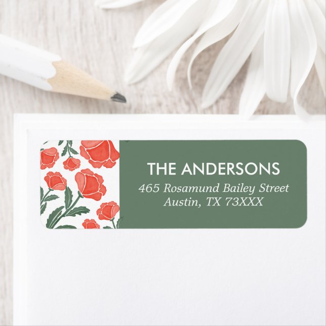 Sage Green Red Watercolour Floral Return Address Label (Insitu)