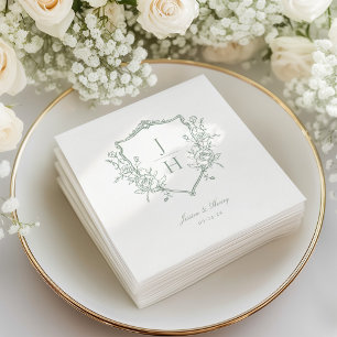 Sage Green Regency Floral Crest Monogram Wedding Napkin