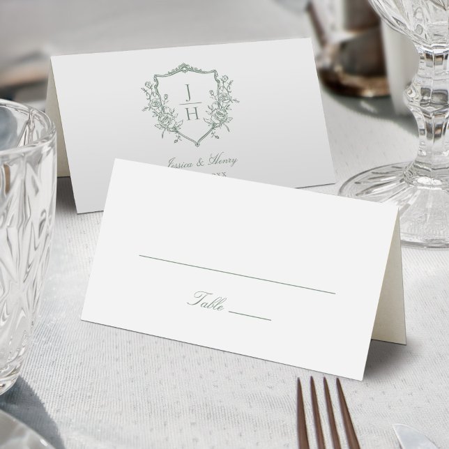 Sage Green Regency Floral Crest Monogram Wedding  Place Card (Creator Uploaded)