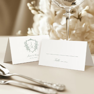 Sage Green Regency Floral Crest Monogram Wedding  Place Card