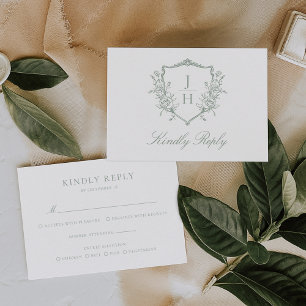 Sage Green Regency Floral Crest Monogram Wedding  RSVP Card