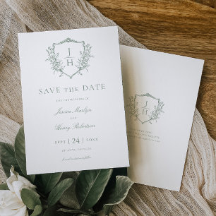 Sage Green Regency Floral Crest Monogram Wedding  Save The Date
