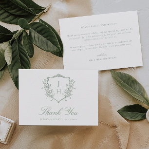 Sage Green Regency Floral Crest Monogram Wedding Thank You Card