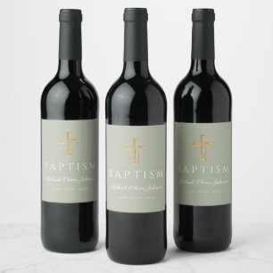 Sage Green Religious Cross Boy Baptism Wine Label