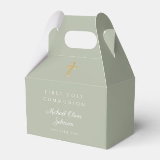 Sage Green Religious Cross Boy First Communion Favour Box
