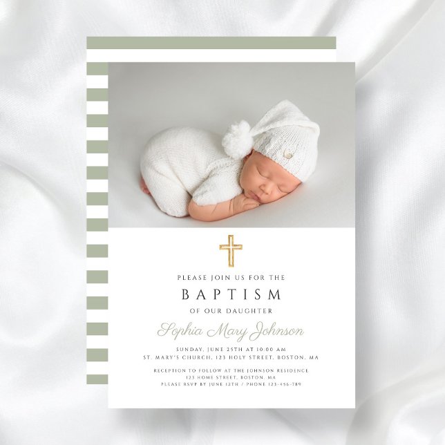  Sage Green Religious Cross Photo Baptism Invitation (Sage Green Religious Cross Stripes Photo Baptism Invitation)