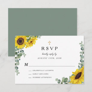 Sage Green Religious Cross Sunflower Wedding RSVP Card